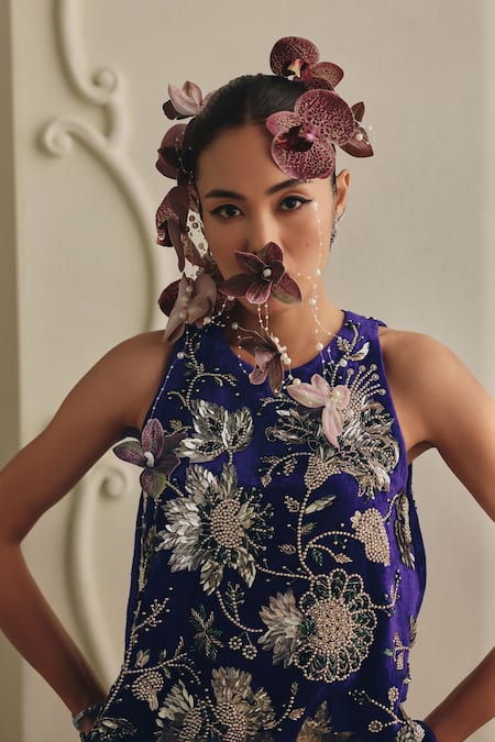 Shop_Payal & Zinal_Blue Velvet Embroidery, Sequins, 3d Floral Embellished Sleeveless Mini Dress 