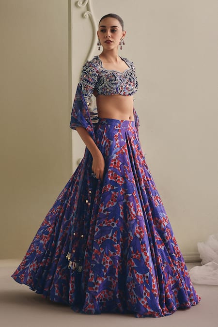 Shop_Payal & Zinal_Blue Sequins, Beads, Zari, Tassels Sweetheart Neck Rosegold Printed Lehenga Set _Online_at_Aza_Fashions