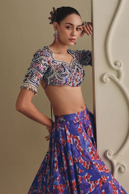 Buy_Payal & Zinal_Blue Sequins, Beads, Zari, Tassels Sweetheart Neck Rosegold Printed Lehenga Set 