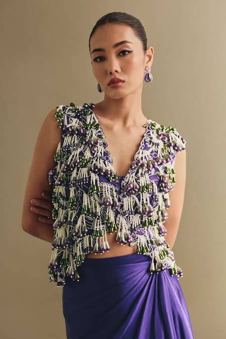 Shop_Payal & Zinal_Green Silk, Satin Embroidery, Beads, Beaded Gaji Mulberry Jacket And Skirt Set _Online_at_Aza_Fashions