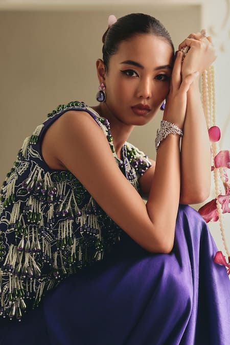 Buy_Payal & Zinal_Green Silk, Satin Embroidery, Beads, Beaded Gaji Mulberry Jacket And Skirt Set 