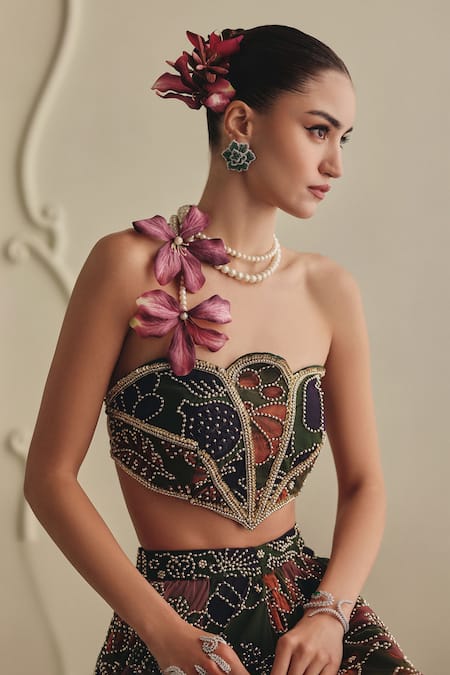 Buy_Payal & Zinal_Multi Color Net Beads, Gota Patti Embellished Beaded Corset And Skirt Set _Online_at_Aza_Fashions