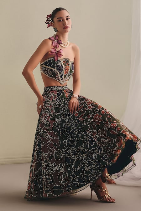 Shop_Payal & Zinal_Multi Color Net Beads, Gota Patti Embellished Beaded Corset And Skirt Set _Online_at_Aza_Fashions