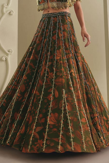 Payal & Zinal_Green Net Zari, Embellished Floral Printed Lehenga With Cape And Blouse Set _Online_at_Aza_Fashions