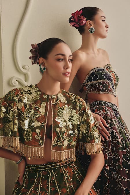 Shop_Payal & Zinal_Green Net Zari, Embellished Floral Printed Lehenga With Cape And Blouse Set _Online_at_Aza_Fashions