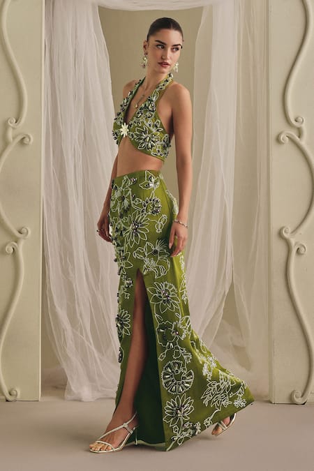 Buy_Payal & Zinal_Ivory Silk Beads, Crystals, Metallic Hand-embroidered Gaji Bodysuit And Skirt Set _Online_at_Aza_Fashions