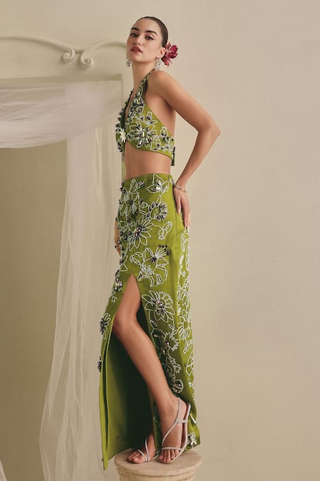 Shop_Payal & Zinal_Ivory Silk Beads, Crystals, Metallic Hand-embroidered Gaji Bodysuit And Skirt Set _Online_at_Aza_Fashions