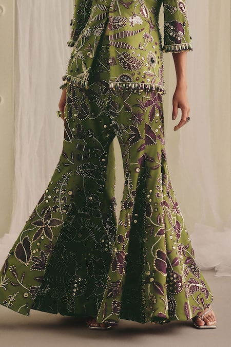 Payal & Zinal_Green Twill Sequins, Beads, Pearls, Embellished Frezzy Jacket And Palazzo Set _Online_at_Aza_Fashions