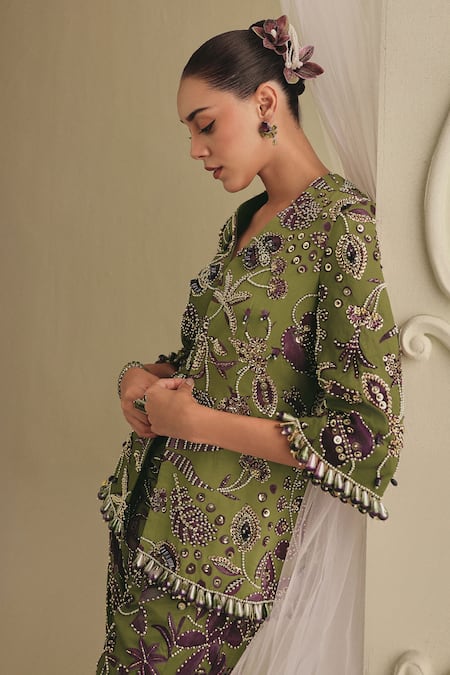 Buy_Payal & Zinal_Green Twill Sequins, Beads, Pearls, Embellished Frezzy Jacket And Palazzo Set _Online_at_Aza_Fashions