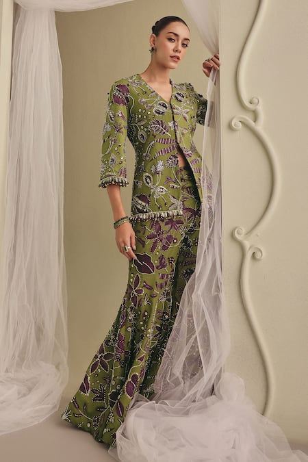 Shop_Payal & Zinal_Green Twill Sequins, Beads, Pearls, Embellished Frezzy Jacket And Palazzo Set _Online_at_Aza_Fashions