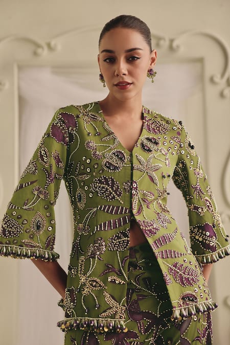 Payal & Zinal_Green Twill Sequins, Beads, Pearls, Embellished Frezzy Jacket And Palazzo Set _at_Aza_Fashions