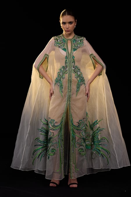 Samant Chauhan Embroidered Sheer Cape With Gown 