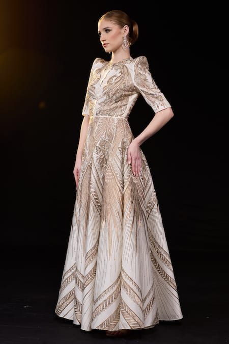 Samant Chauhan_Off White Silk, Cotton Embroidery, Zari Round Neck Art Deco Gown _Online_at_Aza_Fashions