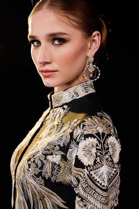 Buy Samant Chauhan Black Silk, Cotton Embroidery, Zari, Metallic Thread Mandarin Feather Gown Online at Aza Fashions Buy_Samant Chauhan_Black Silk, Cotton Embroidery, Zari, Metallic Thread Mandarin Feather Gown _Online_at_Aza_Fashions