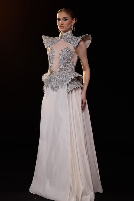 Samant Chauhan_Off White Silk, Cotton Embroidery, Sequins High Neck Embellished Gown _Online_at_Aza_Fashions