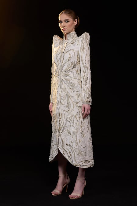 Samant Chauhan_Off White Silk, Cotton Embroidery, Zari Mandarin Collar Dress _Online_at_Aza_Fashions