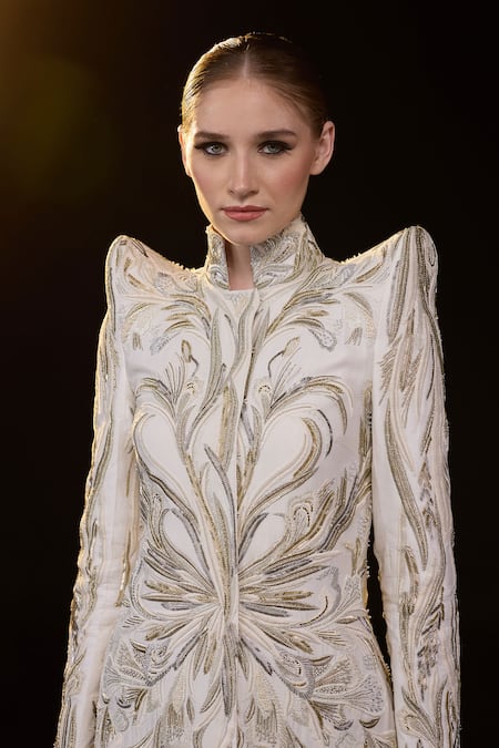 Buy_Samant Chauhan_Off White Silk, Cotton Embroidery, Zari Mandarin Collar Dress _Online_at_Aza_Fashions