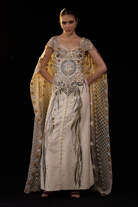 Samant Chauhan Embroidered Gown With Cape 