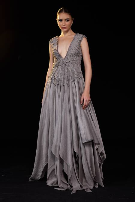 Samant Chauhan_Grey Silk, Cotton Plunge Neck Ruched Gown _Online_at_Aza_Fashions
