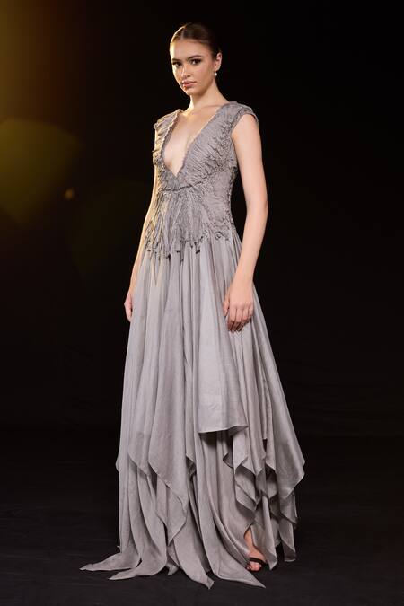 Buy_Samant Chauhan_Grey Silk, Cotton Plunge Neck Ruched Gown _Online_at_Aza_Fashions