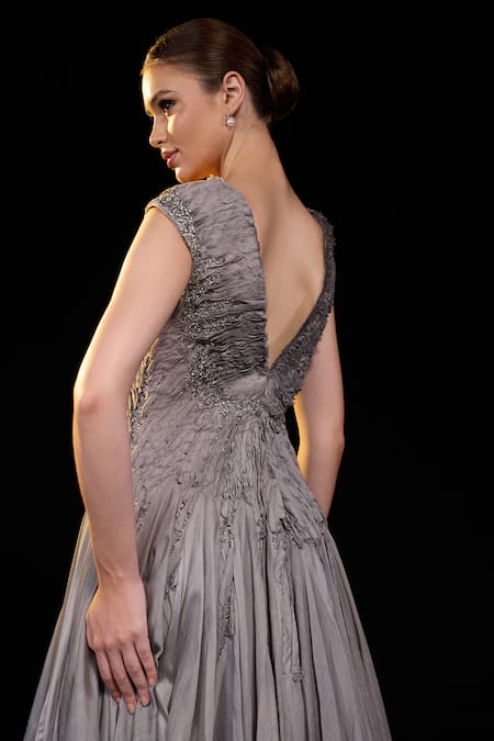 Shop_Samant Chauhan_Grey Silk, Cotton Plunge Neck Ruched Gown _Online_at_Aza_Fashions