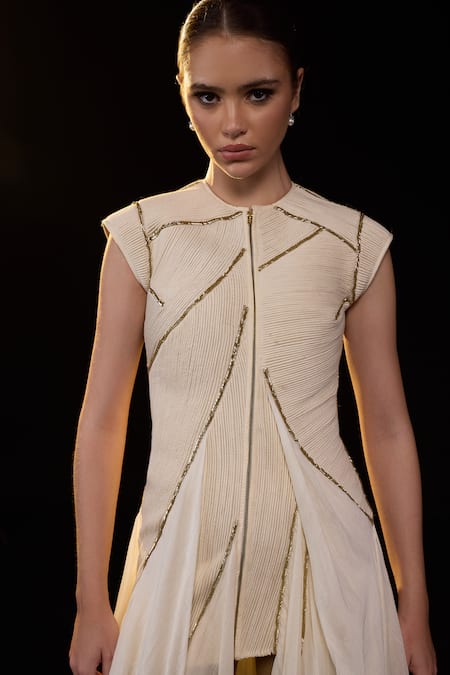 Samant Chauhan_Ivory Silk, Cotton Zari High Neck Structured Sculpted-bodice Gown _Online_at_Aza_Fashions
