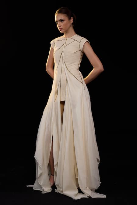Buy_Samant Chauhan_Ivory Silk, Cotton Zari High Neck Structured Sculpted-bodice Gown _Online_at_Aza_Fashions