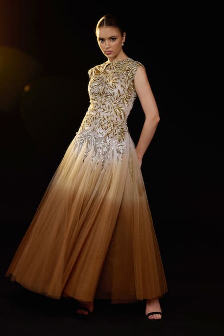 Samant Chauhan_Gold Silk, Cotton Embroidery, Zari Round Neck Ombre Gown _Online_at_Aza_Fashions