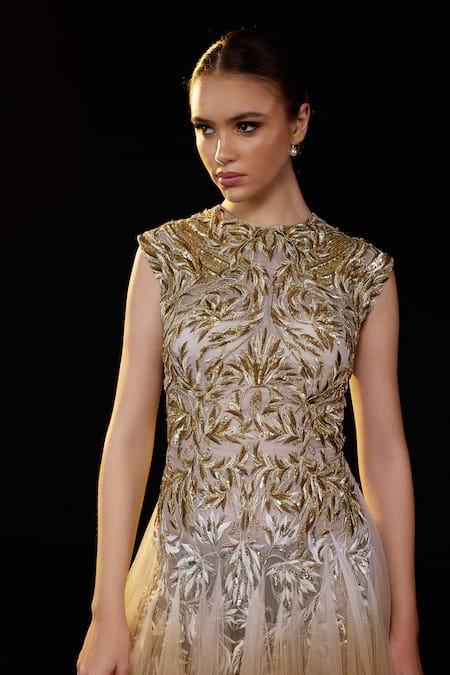 Buy_Samant Chauhan_Gold Silk, Cotton Embroidery, Zari Round Neck Ombre Gown _Online_at_Aza_Fashions