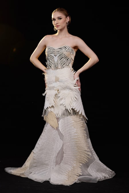 Samant Chauhan Strapless Feather Detail Gown 