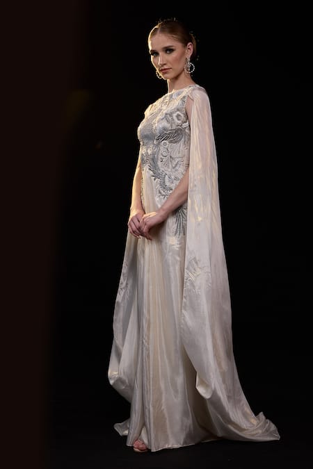 Buy_Samant Chauhan_Ivory Silk, Cotton, Organza Embroidery, Sequins Boat Neck Gown _Online_at_Aza_Fashions