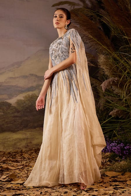 Samant Chauhan_Off White Cotton, Silk, Organza Embroidery, Zari High Neck Hand Draped Gown _Online_at_Aza_Fashions