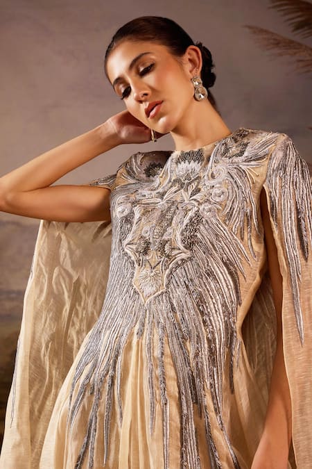 Buy_Samant Chauhan_Off White Cotton, Silk, Organza Embroidery, Zari High Neck Hand Draped Gown _Online_at_Aza_Fashions