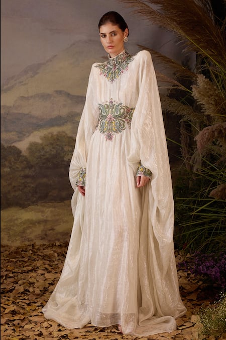 Samant Chauhan Off White Silk Embroidery High Neck Cotton Gown Online at Aza Fashions Samant Chauhan_Off White Silk Embroidery High Neck Cotton Gown _Online_at_Aza_Fashions