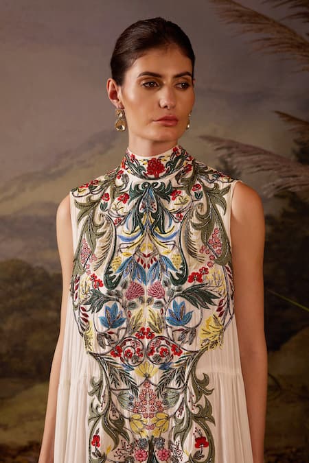 Samant Chauhan Blue Silk Embroidery High Neck Cotton Maxi Dress Online at Aza Fashions Samant Chauhan_Blue Silk Embroidery High Neck Cotton Maxi Dress _Online_at_Aza_Fashions