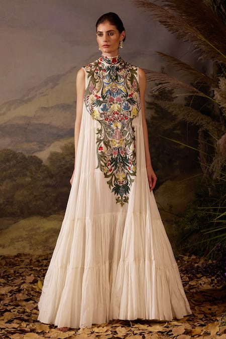 Samant Chauhan High Neck Embroidered Cotton Silk Maxi Dress