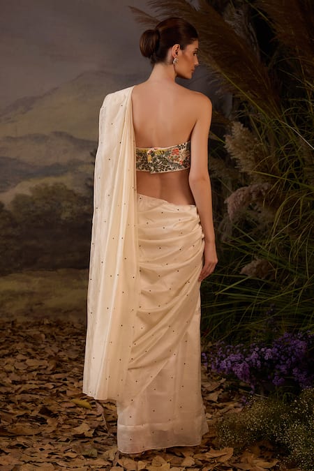 Samant Chauhan_Gold Silk Embroidery Open Neck, Bandeau Floral Cotton Saree Set With Jacket _Online_at_Aza_Fashions