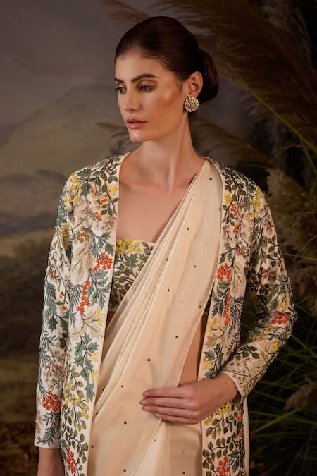 Shop_Samant Chauhan_Gold Silk Embroidery Open Neck, Bandeau Floral Cotton Saree Set With Jacket _Online_at_Aza_Fashions
