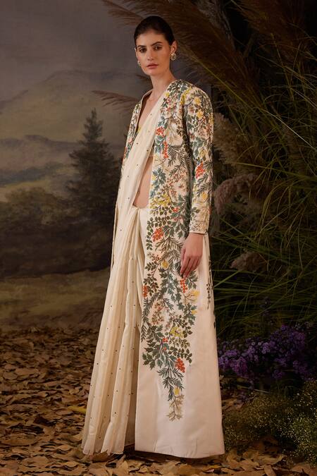 Buy_Samant Chauhan_Gold Silk Embroidery Open Neck, Bandeau Floral Cotton Saree Set With Jacket 