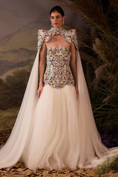 Samant Chauhan Embroidered Floral Cotton Silk Gown & Skirt Set