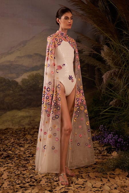 Samant Chauhan Pink Silk Embroidery, Sequins High Neck, Floral Cotton Cape And Bodysuit Set Online at Aza Fashions Samant Chauhan_Pink Silk Embroidery, Sequins High Neck, Floral Cotton Cape And Bodysuit Set _Online_at_Aza_Fashions