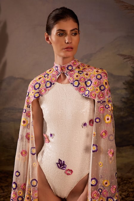 Buy Samant Chauhan Pink Silk Embroidery, Sequins High Neck, Floral Cotton Cape And Bodysuit Set Online at Aza Fashions Buy_Samant Chauhan_Pink Silk Embroidery, Sequins High Neck, Floral Cotton Cape And Bodysuit Set _Online_at_Aza_Fashions