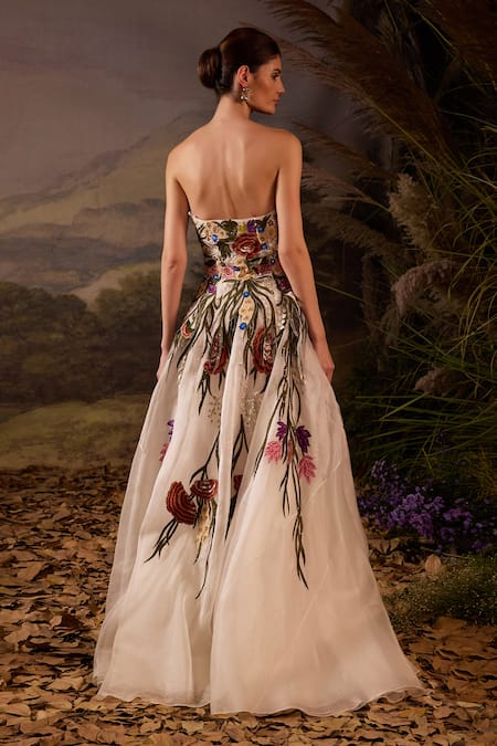 Samant Chauhan Floral Embroidered Cotton Silk Strapless Gown with Slit