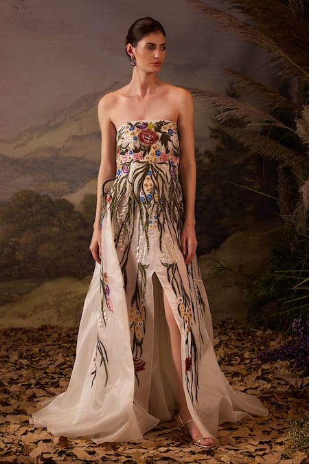 Samant Chauhan Floral Embroidered Cotton Silk Strapless Gown with Slit