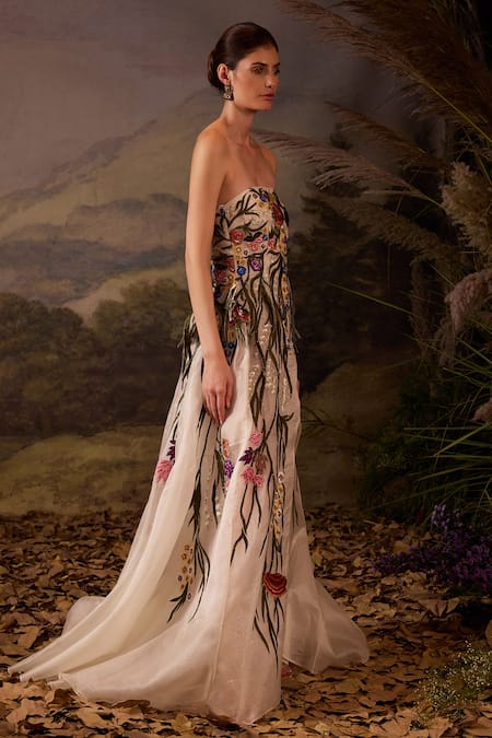 Buy Samant Chauhan Pink Silk, Cotton Embroidery, Sequins Bandeau Floral Strapless Gown With Slit Online at Aza Fashions Buy_Samant Chauhan_Pink Silk, Cotton Embroidery, Sequins Bandeau Floral Strapless Gown With Slit _Online_at_Aza_Fashions