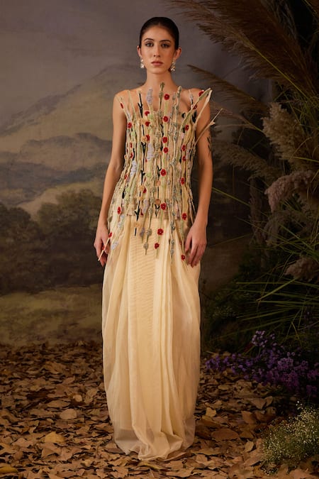 Samant Chauhan Floral Embroidered Cotton Silk Corset & Skirt Set