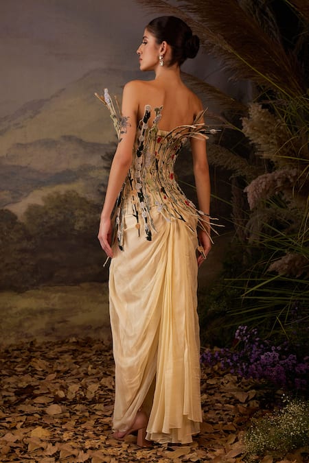 Samant Chauhan Floral Embroidered Cotton Silk Corset & Skirt Set