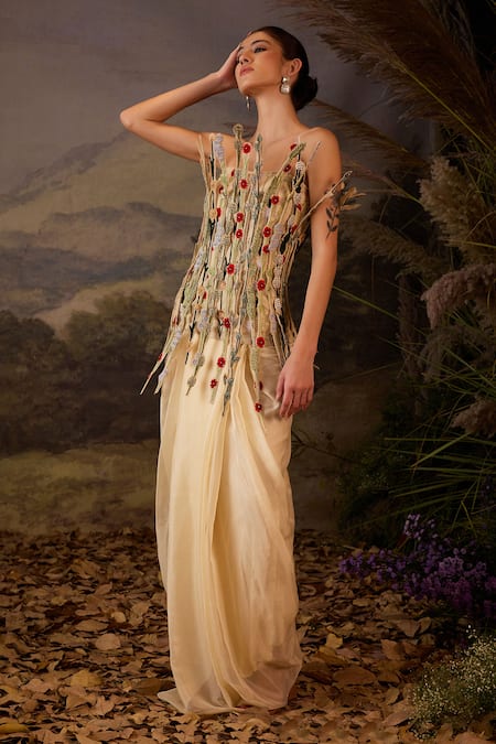 Buy Samant Chauhan Green Silk Embroidery, Fabric Flowers Bandeau Floral Cotton Corset And Skirt Set Online at Aza Fashions Buy_Samant Chauhan_Green Silk Embroidery, Fabric Flowers Bandeau Floral Cotton Corset And Skirt Set _Online_at_Aza_Fashions