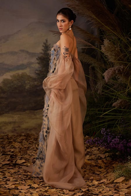 Buy Samant Chauhan Blue Silk Embroidery Floral Cotton Strapless Gown With Sheer Sleeves Online at Aza Fashions Buy_Samant Chauhan_Blue Silk Embroidery Floral Cotton Strapless Gown With Sheer Sleeves _Online_at_Aza_Fashions