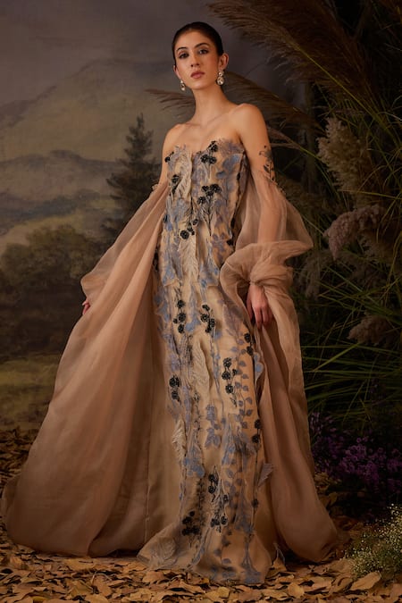 Shop Samant Chauhan Blue Silk Embroidery Floral Cotton Strapless Gown With Sheer Sleeves Online at Aza Fashions Shop_Samant Chauhan_Blue Silk Embroidery Floral Cotton Strapless Gown With Sheer Sleeves _Online_at_Aza_Fashions